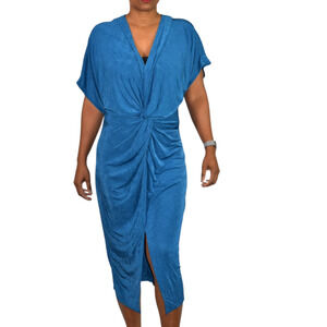 Floerns Blue Jersey Dress Midi Ruched Knot Front Slit Shimmer Stretch Draped XL